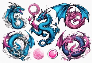 blue ying pink yang dragon stones tattoo idea