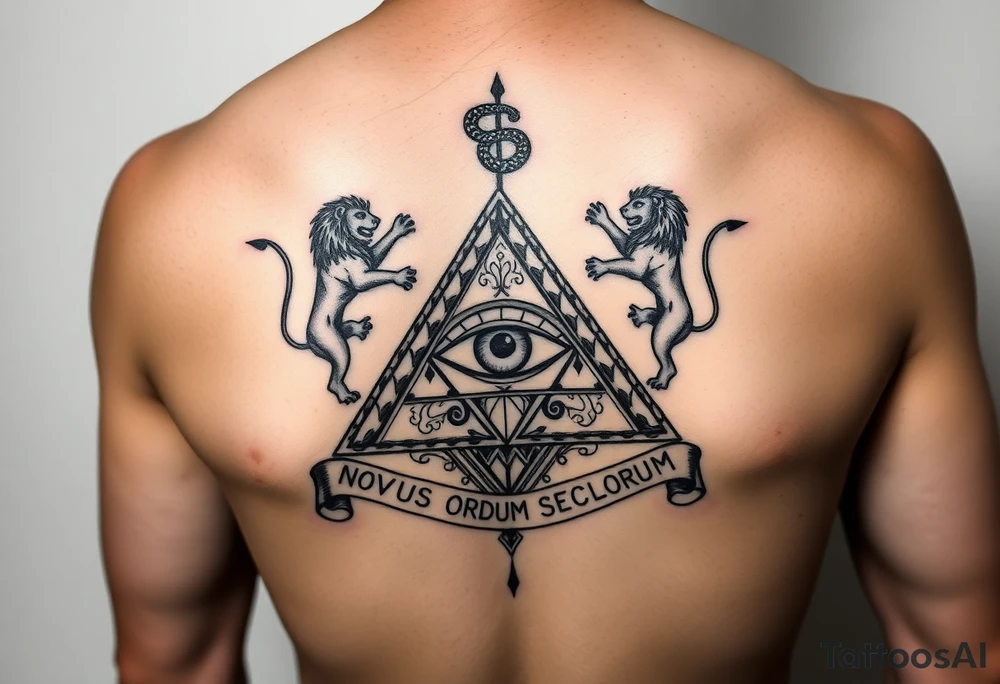 Pyramid with eye in the center, diamond with snake on the top,lions on corners,surrounded by words - novus ordum seclorum tattoo idea