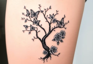 poisoned tree with butterflies and roses and a big semicolon in the middle black girl tattoo idea