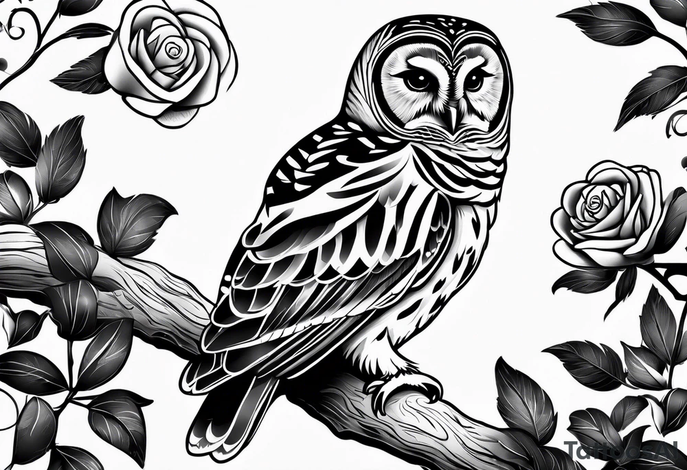 Barred owl with a single rose tattoo idea