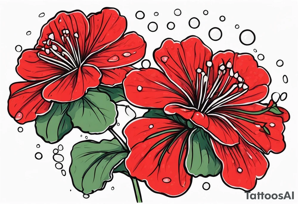 red geraniums with rain drops tattoo idea