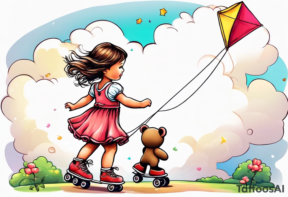 a little girl in a dress standing with a teddy bear in roller skates, flying a kite tattoo idea