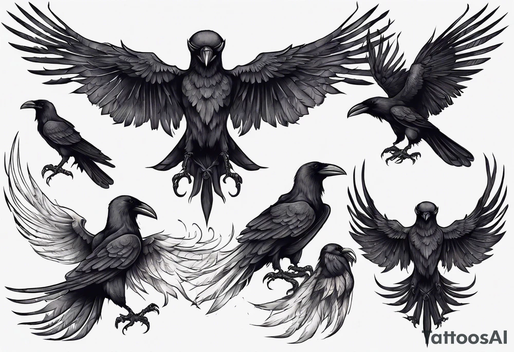 medieval black raven with wings spread tattoo idea