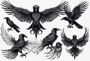 medieval black raven with wings spread tattoo idea
