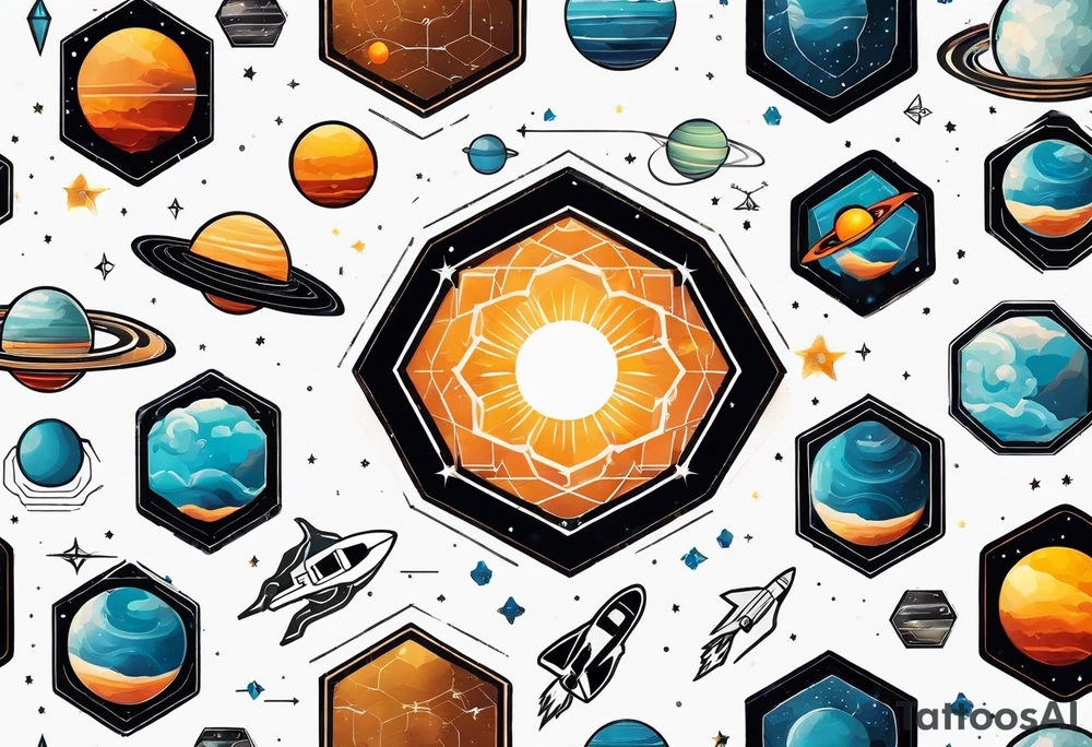 hexagon pattern solar system with a space shuttle tattoo idea