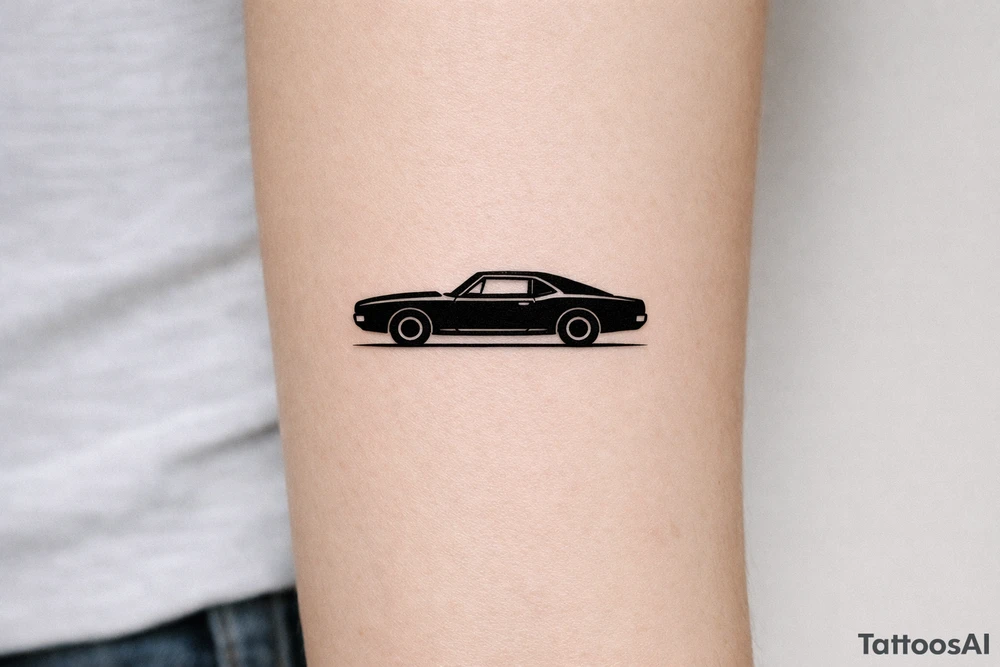 Blackwork silhouette of a vintage muscle car on forearm. tattoo idea