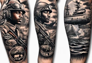 Full Leg sleeve. Red Tails African American Air Force, Buffalo Soldiers African American Army and Uss Mason African American Navy tattoo idea