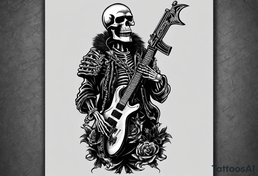image of a skeleton standing frontally with a crown on his head, holding an AK-47 on his shoulder with his right hand. The chain on the left should be taut, there are three angry barking Dobermans in it, near the waist tattoo idea