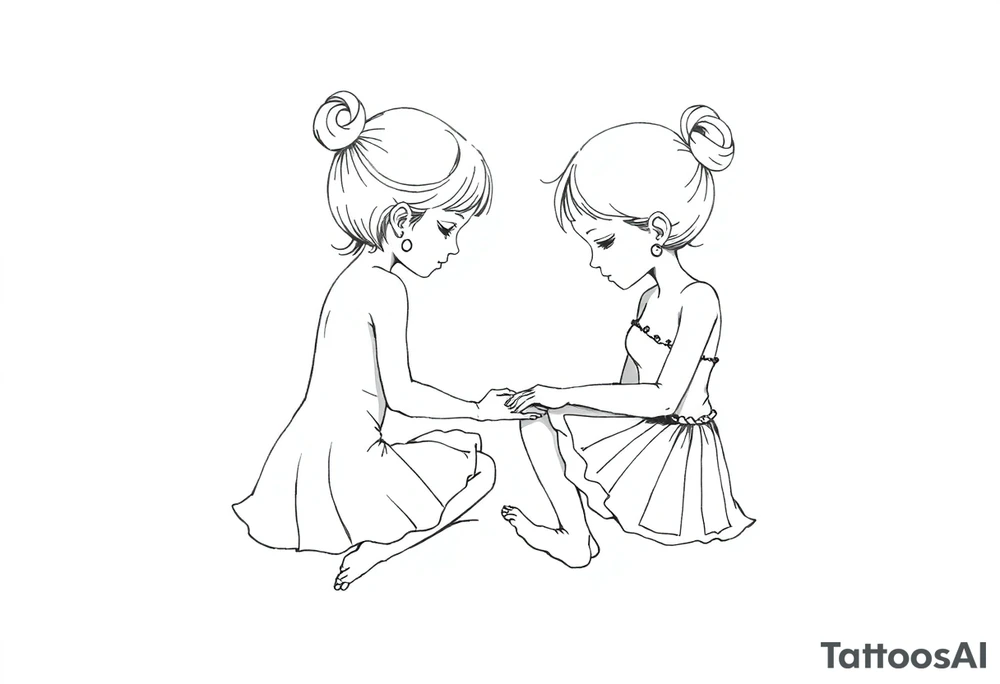 Zwei kleine mädchen sitzen sich gegenüber eine hat einen Dutt die andere einen Zopf und sie berühren sich an den Fußsohlen tattoo idea