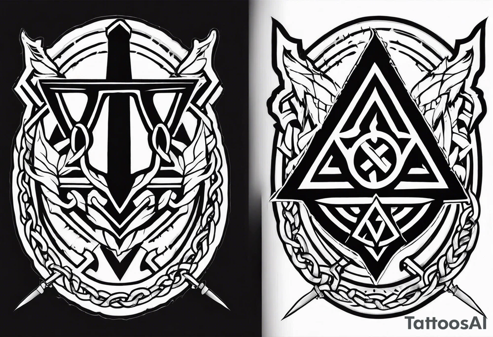 Valhalla sword shield axe barbed wire chains valknut fire tattoo idea Valhalla sword shield axe barbed wire chains valknut fire tattoo idea