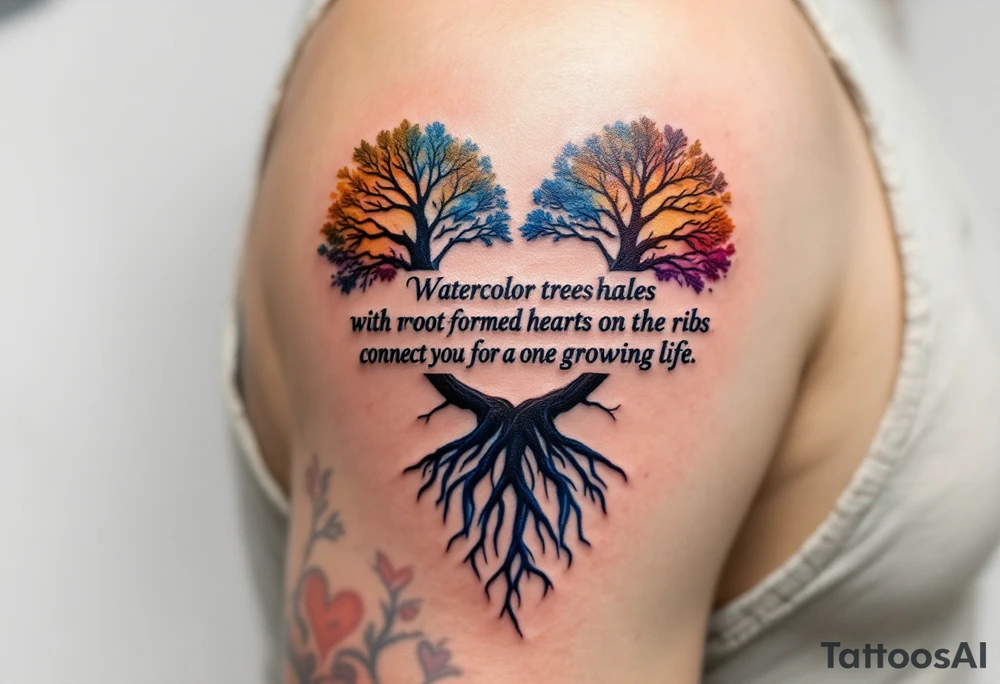 Watercolor tree halves with root-formed hearts on the ribs connect you as one growing life. tattoo idea