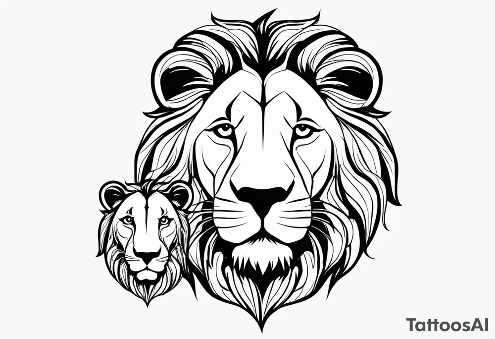 Moitie Visage lion avec son bebe avec trait super fin tattoo idea