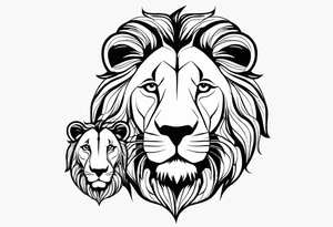 Moitie Visage lion avec son bebe avec trait super fin tattoo idea