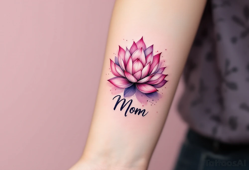 A lotus flower in pink or purple paired with the word “Mom” symbolizes beauty born through sacrifice and resilience. tattoo idea