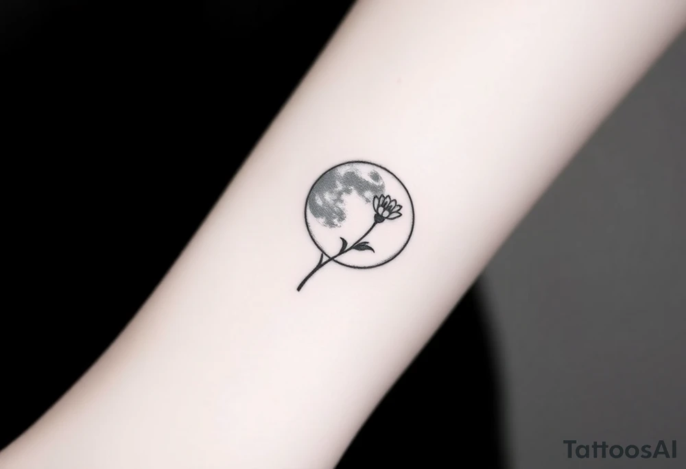 Small black and white tattoo full moon with small chrysanthemum birth flower AND tiny scorpio gliph inside moon tattoo idea