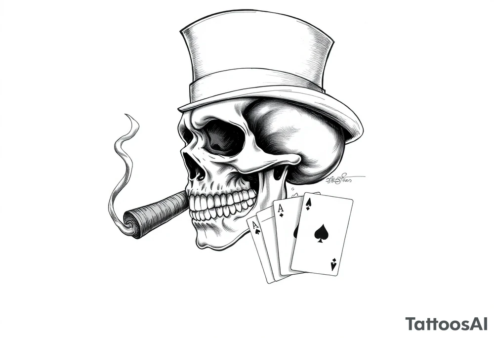 a skull with mustache, a big cigar in his mouth,top-hat on his head and playing cards in a hand. tattoo idea