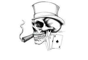 a skull with mustache, a big cigar in his mouth,top-hat on his head and playing cards in a hand. tattoo idea