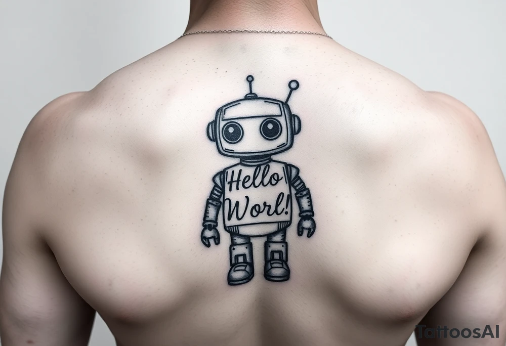 Tattoo of a cute robot with the text 'Hello, World!' tattoo idea