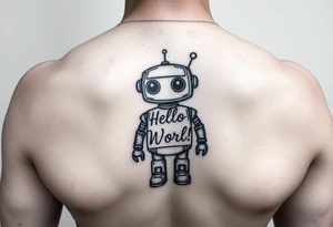 Tattoo of a cute robot with the text 'Hello, World!' tattoo idea