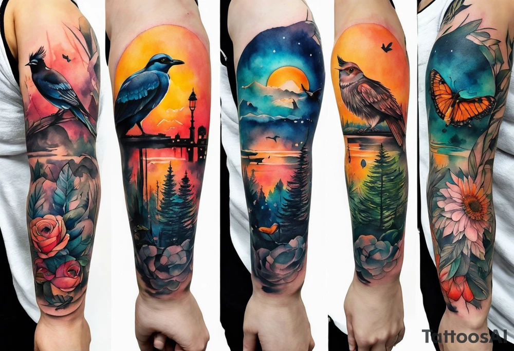 Watercolour style arm tattoo of animals and wildlife in Amsterdam tattoo idea