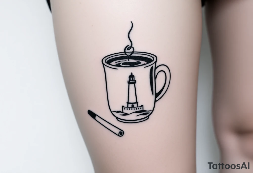 A mug of coffee
 with a picture of a 
 lighthouse on the the mug and a cigarette laying next to it tattoo idea