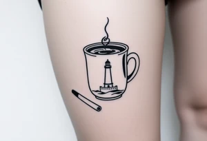 A mug of coffee
 with a picture of a 
 lighthouse on the the mug and a cigarette laying next to it tattoo idea