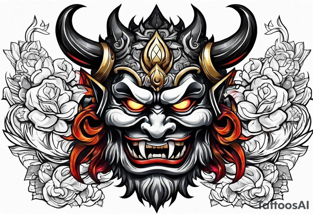 Protection against evil Oni mask tattoo idea