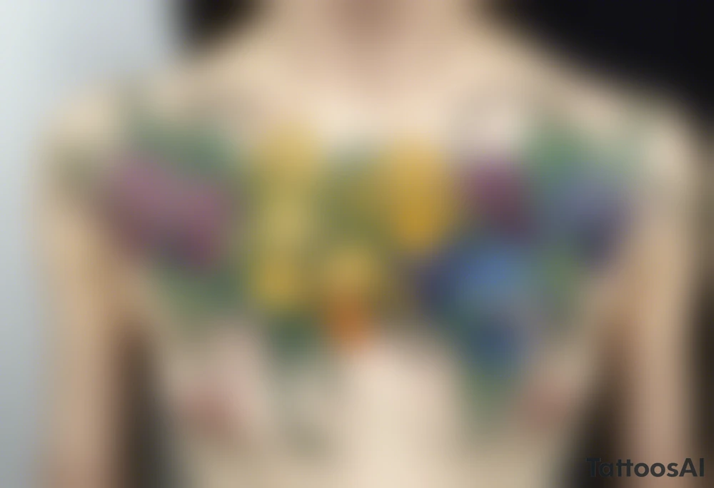 Create a small, colorful Vincent van Gogh Irises tattoo in the form of a crescent, with vines gracefully intertwining at a central point in the middle of the wreath. The intended placement is on the upper chest. The overall design should be small in size while maintaining a delicate and artistic aesthetic. Pay attention to the graceful flow of the vines and the placement of the irises to achieve a refined and elegant look. tattoo idea