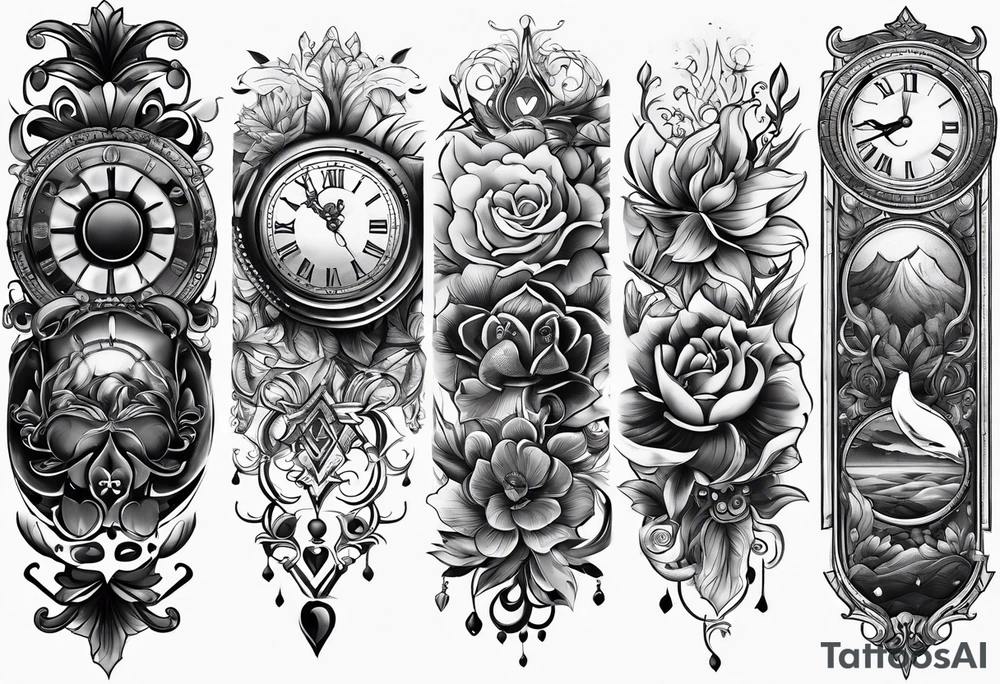 sleeve tattoo to contain the symbols family , love, health, time, money , happines tattoo idea