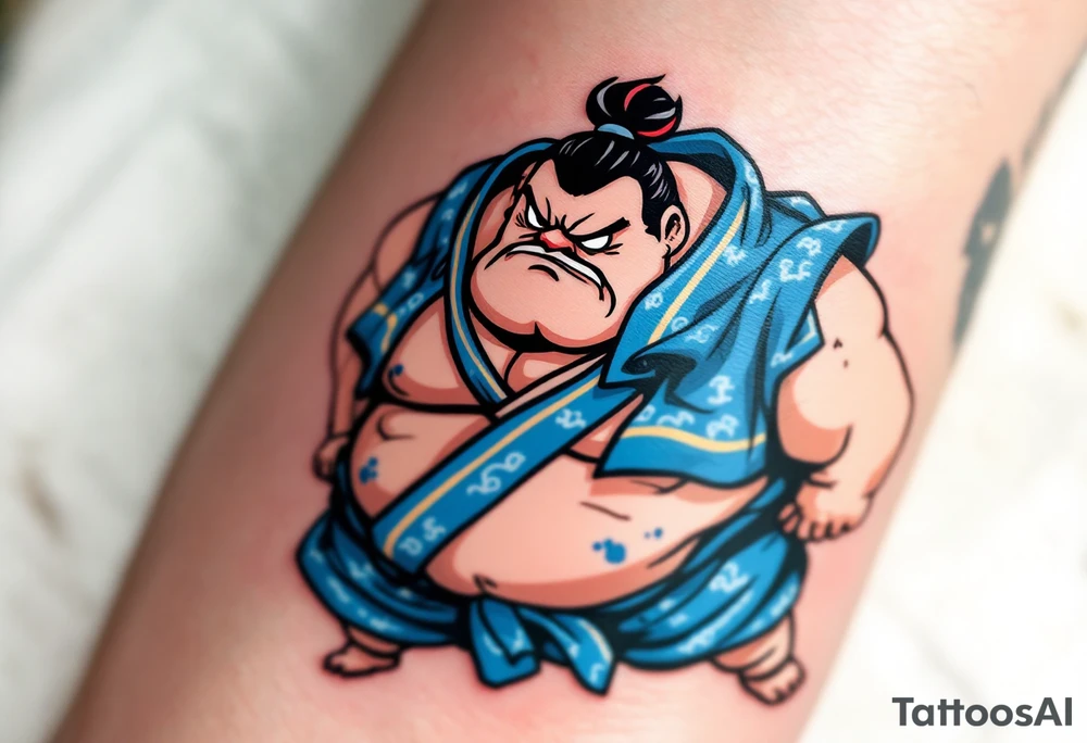 A sumo wrestler in traditional blue mawashi with a focused expression and stylized black outlines. tattoo idea