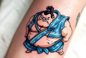 A sumo wrestler in traditional blue mawashi with a focused expression and stylized black outlines. tattoo idea