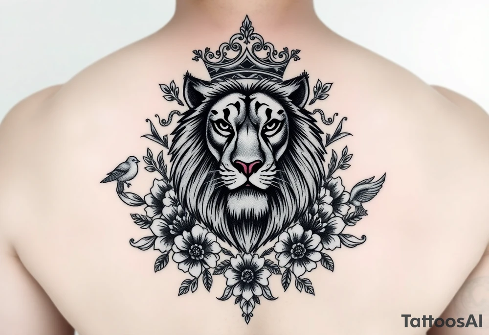 powerful majestic lion with a crown, surrounded by floral ornaments and birds tattoo idea