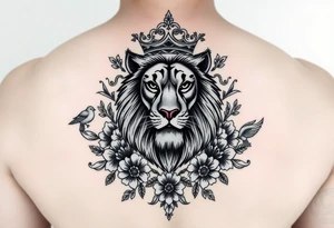 powerful majestic lion with a crown, surrounded by floral ornaments and birds tattoo idea