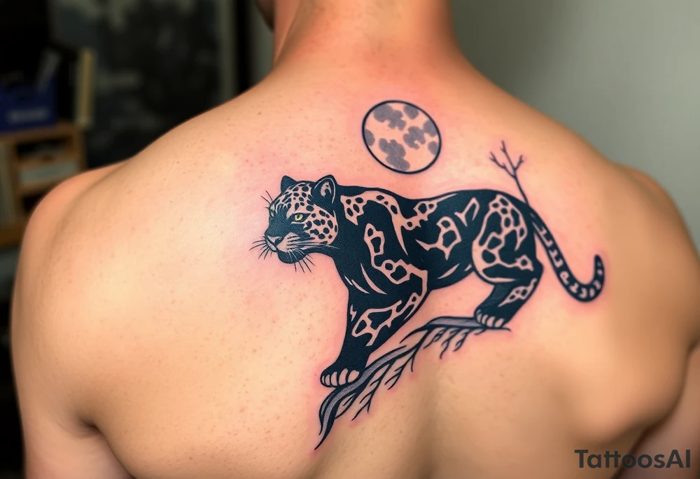 Black leopard in the woods with moon in sky tattoo idea