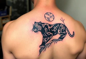 Black leopard in the woods with moon in sky tattoo idea