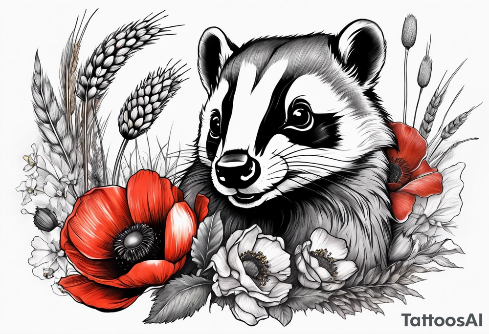 A British wildlife sleeve, with a badger, squirrel, falcon and field mice with poppys and wheat tattoo idea