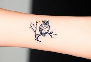 wise owl perched on ancient oak branch under starlit sky tattoo idea