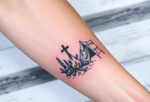 Campsite with a campfire with a cross tattoo idea