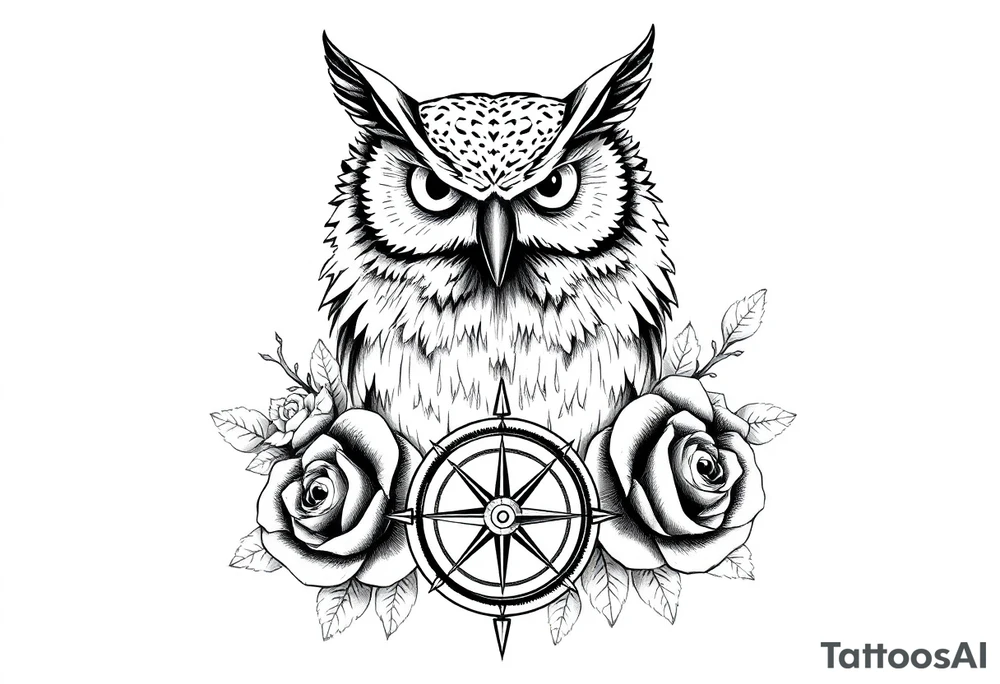 an owl,compass,roses, tattoo idea