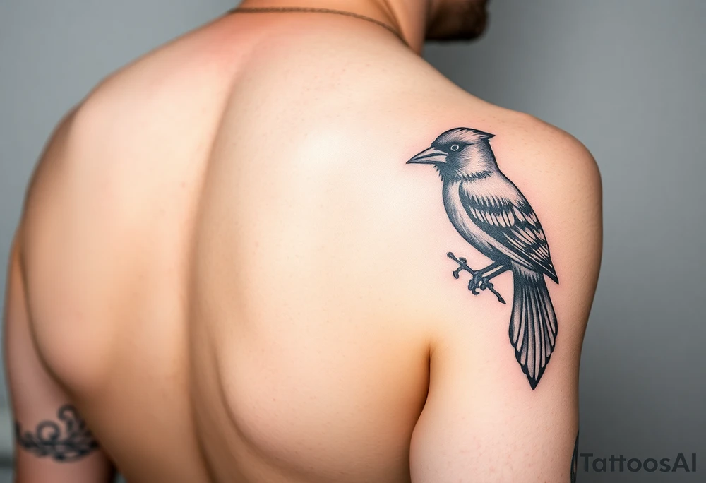 A cover up on the right inner forearm of a bear, a cardinal and a woodpecker tattoo idea