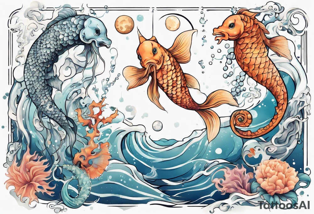 Water scene, featuring koi karp, jellyfish, seahorses and the moon. With nods to Pisces. tattoo idea