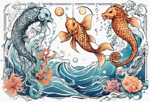 Water scene, featuring koi karp, jellyfish, seahorses and the moon. With nods to Pisces. tattoo idea