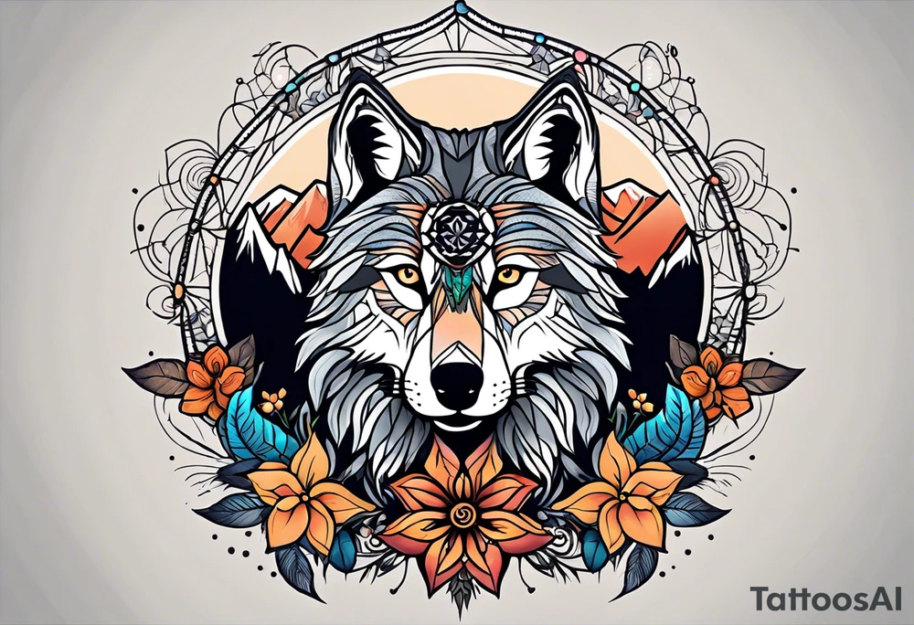 A whimsical wolf tattoo featuring mandala or dream catcher elements, with the wolf as the central focus, surrounded by mountains in the background. Include flowers and nature elements to fill the space around the wolf. tattoo idea