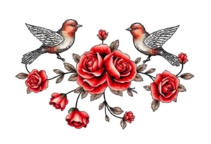 Vintage lace, red roses, red birds, vintage, wrap around, tighter together, no space open tattoo idea