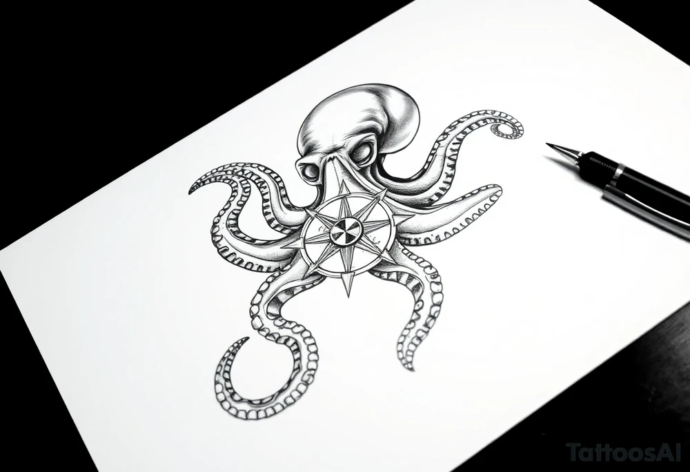 hammerhai,darunter ein kompass,oktopus. tattoo idea