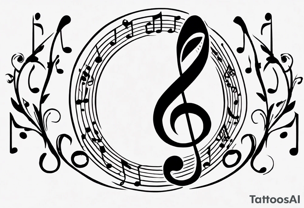 Using a bass clef music staff in the key of Bb, place the notes Bb A Bb Eb in one measure, then F A F in the next. Place a Coda symbol next to the end of the bar of music.
Place the whole peace inside a wreath tattoo idea