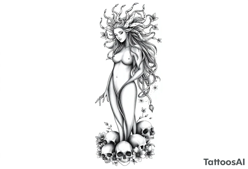 Ethereal Medusa standing. She is beautiful and feminine. She is a phoenix rising from fire and ash. Surrounded by flowers and standing around skulls. Incorporate the phoenix and fire into the Medusa tattoo idea
