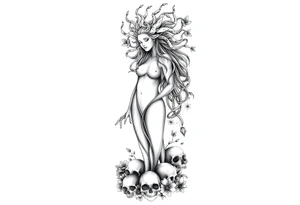 Ethereal Medusa standing. She is beautiful and feminine. She is a phoenix rising from fire and ash. Surrounded by flowers and standing around skulls. Incorporate the phoenix and fire into the Medusa tattoo idea