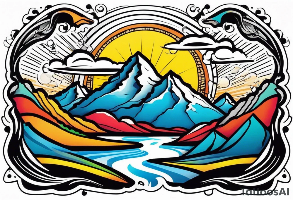 Mountains and in the mountains is a sun with sunbeams that comes out on the mountains from the mountains a river runs down tattoo idea