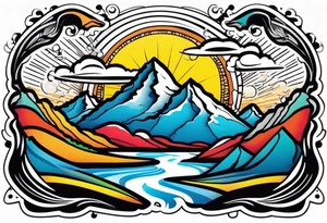 Mountains and in the mountains is a sun with sunbeams that comes out on the mountains from the mountains a river runs down tattoo idea